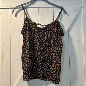 LOFT Navy Blue Floral Camisole XS Petite Ruffle Trim Spaghetti Straps